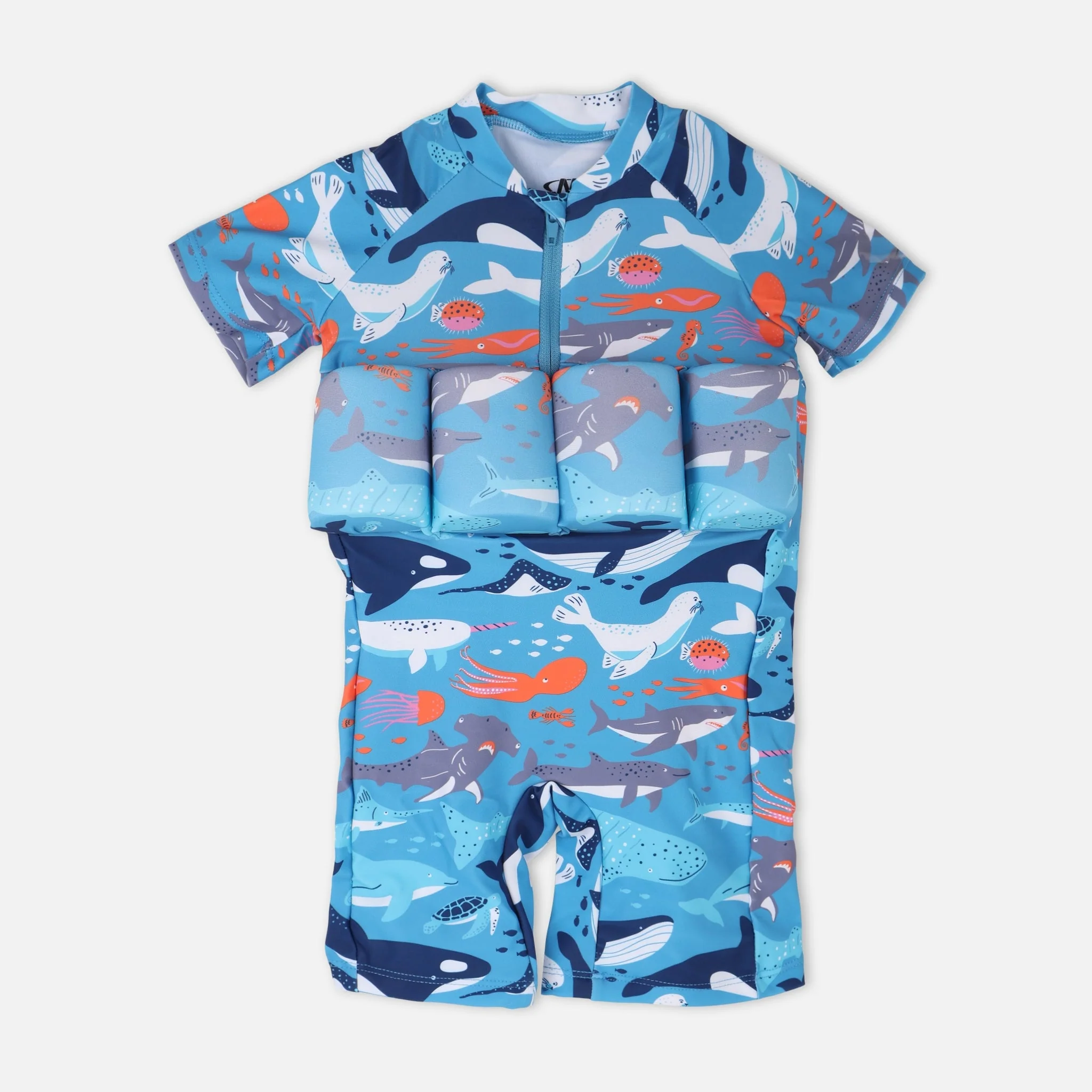 Boys Floating Swimwear Set Sea Print Suit With Swim Cap - Image 3
