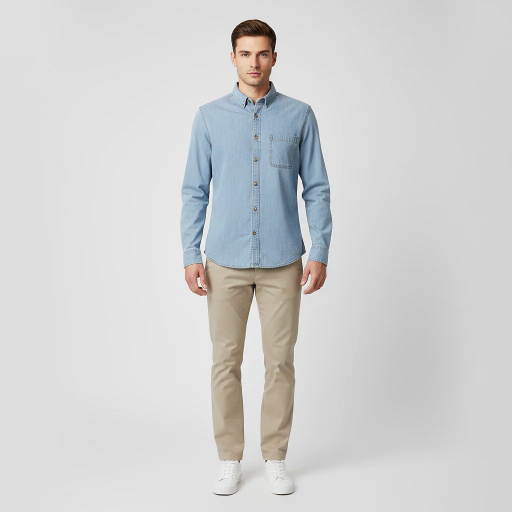 Men Long Sleeve Slub Denim Shirt With Pocket