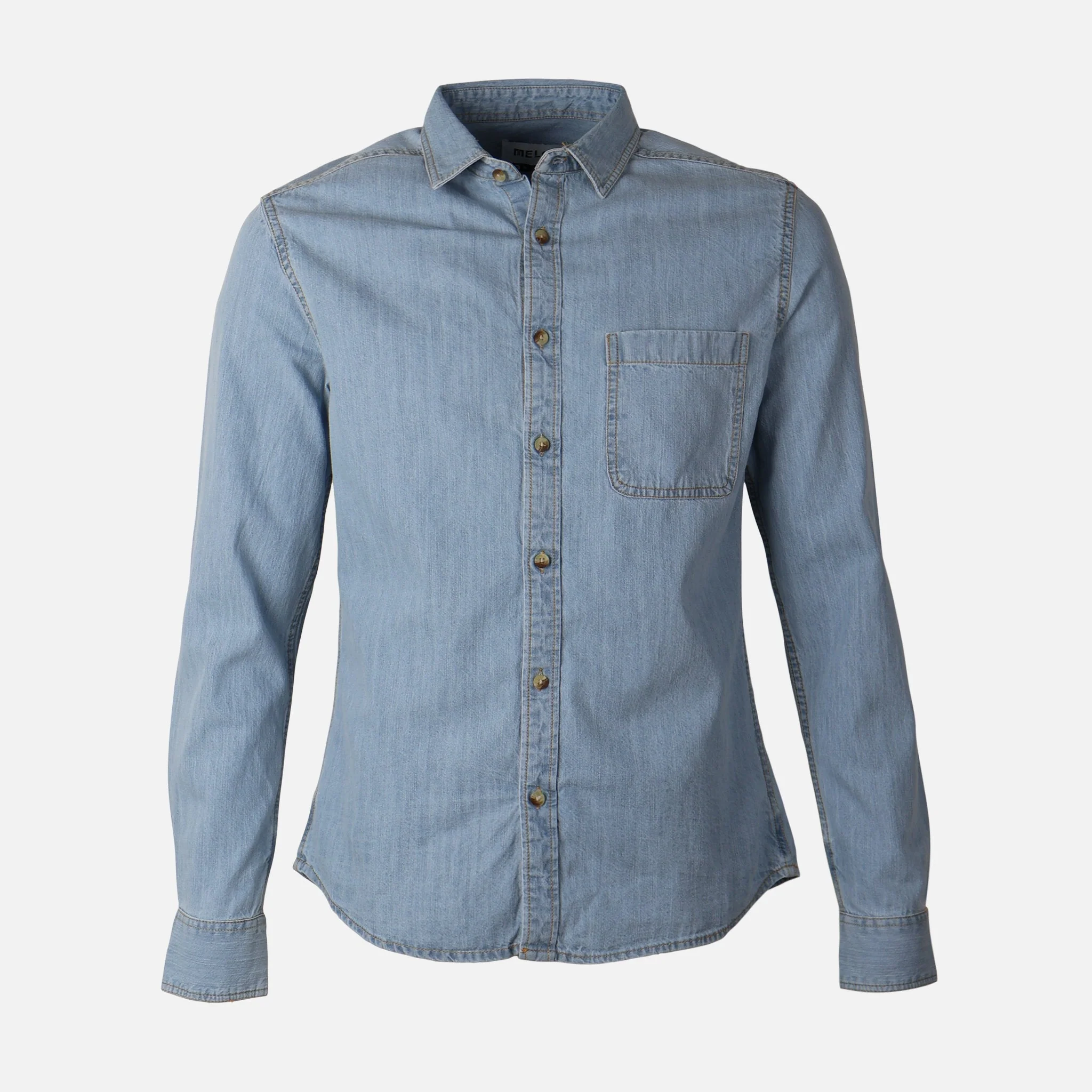 Men Long Sleeve Slub Denim Shirt With Pocket - Image 2