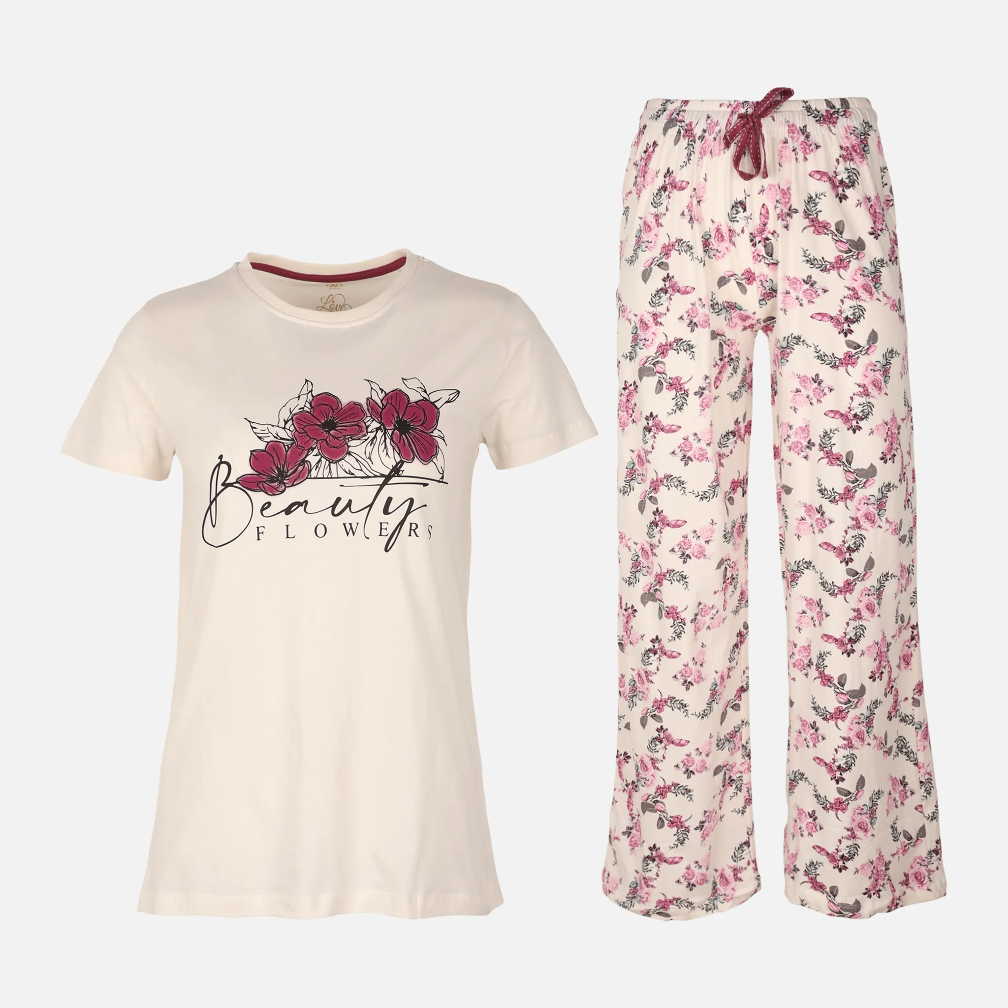 Womens Pyjama Set Short Sleeve Top And Wide Leg Pant - Image 3